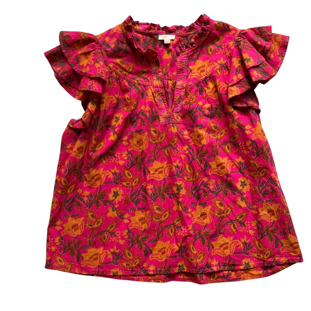 Jennifer Grace Floral Flutter Sleeve Blouse Size Large Bright Pink Cottage Core
